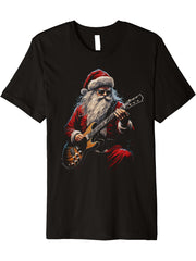 Rock Guitar Santa Claus Playing Guitar - Funny Christmas Premium T-Shirt 180G 100% Cotton Printed Round Neck Short-Sleeve T-Shirt, Gifts for Men Dad Husband Grandpa, S-XXXL, Black