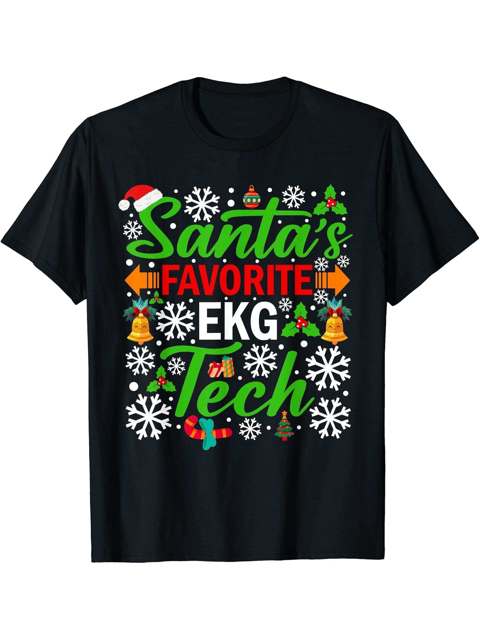 Santa's Favorite EKG Tech Shirt Funny Christmas Xmas T-Shirt 180G 100% Cotton Printed Round Neck Short-Sleeve T-Shirt, Gifts for Men Dad Husband Grandpa, S-XXXL, Black
