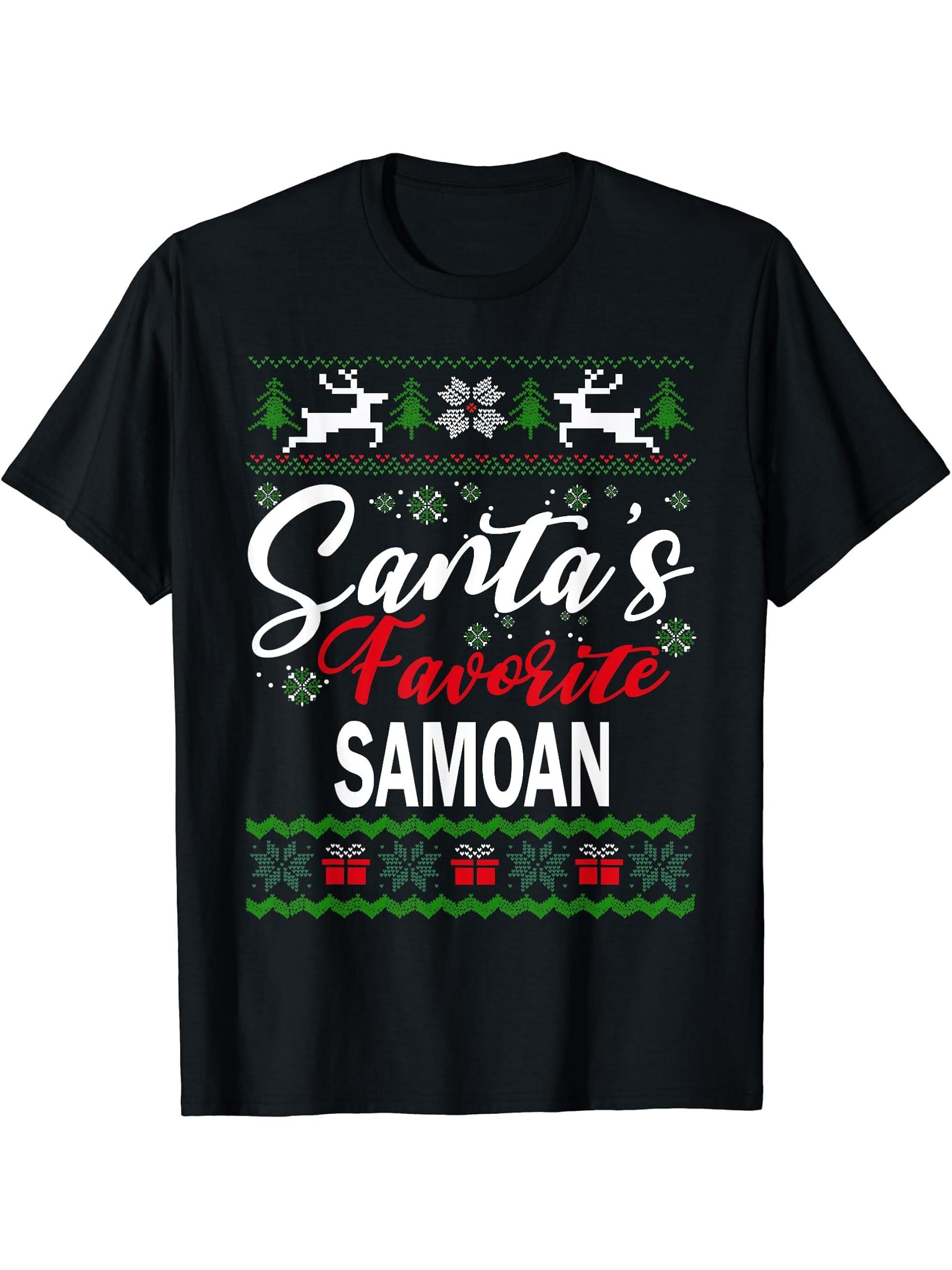 Santas Favorite Samoan Samoa Christmas Ugly Sweater Xmas T-Shirt 180G 100% Cotton Printed Round Neck Short-Sleeve T-Shirt, Gifts for Men Dad Husband Grandpa, S-XXXL, Black