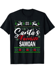Santas Favorite Samoan Samoa Christmas Ugly Sweater Xmas T-Shirt 180G 100% Cotton Printed Round Neck Short-Sleeve T-Shirt, Gifts for Men Dad Husband Grandpa, S-XXXL, Black