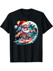 Surfing Santa Claus Christmas in July Beach Summer Vacation T-Shirt 180G 100% Cotton Printed Round Neck Short-Sleeve T-Shirt, Gifts for Men Dad Husband Grandpa, S-XXXL, Black