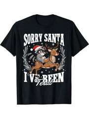 Sorry Santa I've Been Feral Christmas Holiday Raccoon Meme T-Shirt 180G 100% Cotton Printed Round Neck Short-Sleeve T-Shirt, Gifts for Men Dad Husband Grandpa, S-XXXL, Black