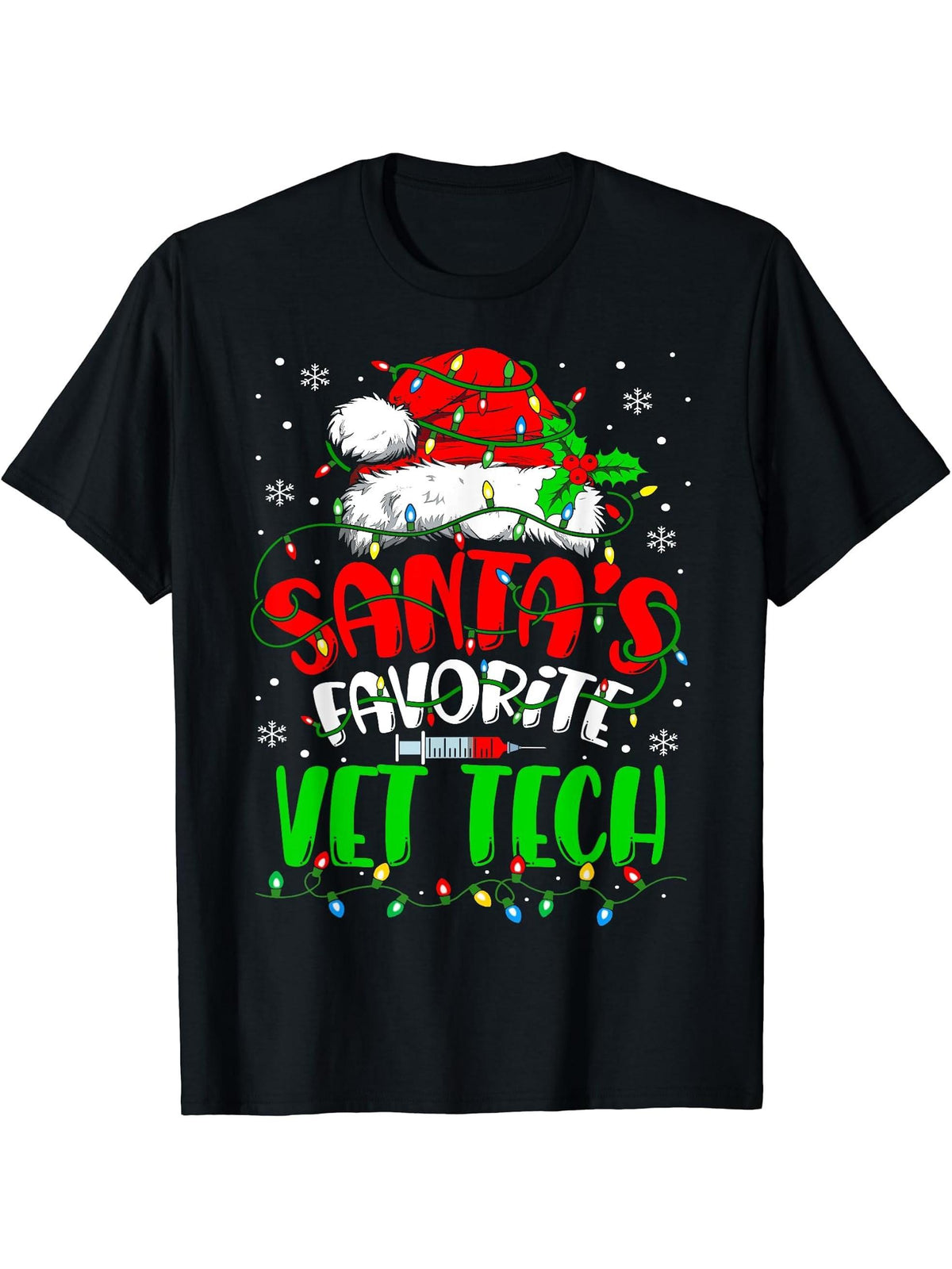 Santa Favorite VET TECH Christmas Veterinary Technician T-Shirt 180G 100% Cotton Printed Round Neck Short-Sleeve T-Shirt, Gifts for Men Dad Husband Grandpa, S-XXXL, Black