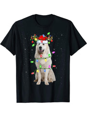 Xmas Holiday Lighting Santa Great Pyrenees Dog Christmas T-Shirt 180G 100% Cotton Printed Round Neck Short-Sleeve T-Shirt, Gifts for Men Dad Husband Grandpa, S-XXXL, Black