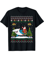 Ugly Hammerhead Shark Xmas Gift Santa Riding Shark Christmas T-Shirt 180G 100% Cotton Printed Round Neck Short-Sleeve T-Shirt, Gifts for Men Dad Husband Grandpa, S-XXXL, Black
