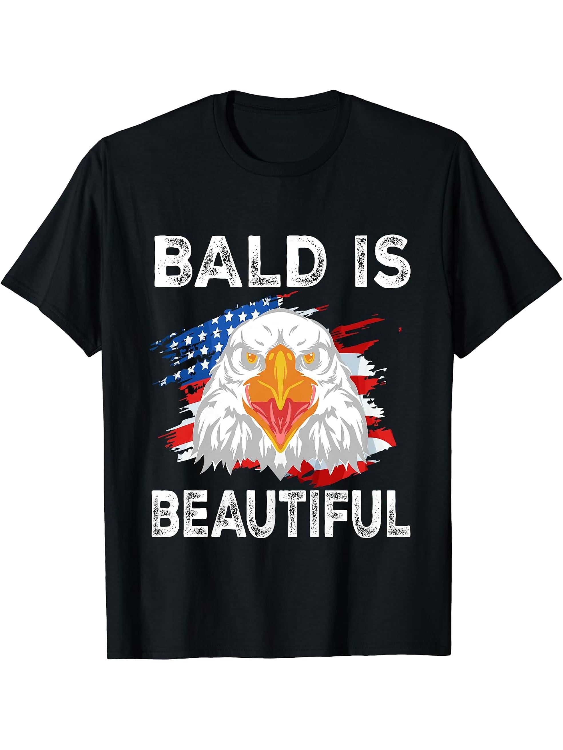 Bald Is Beautiful, 4th of July American Flag, Bald Eagle T-Shirt 180G 100% Cotton Printed Round Neck Short-Sleeve T-Shirt, Gifts for Men Dad Husband Grandpa, S-XXXL, Black