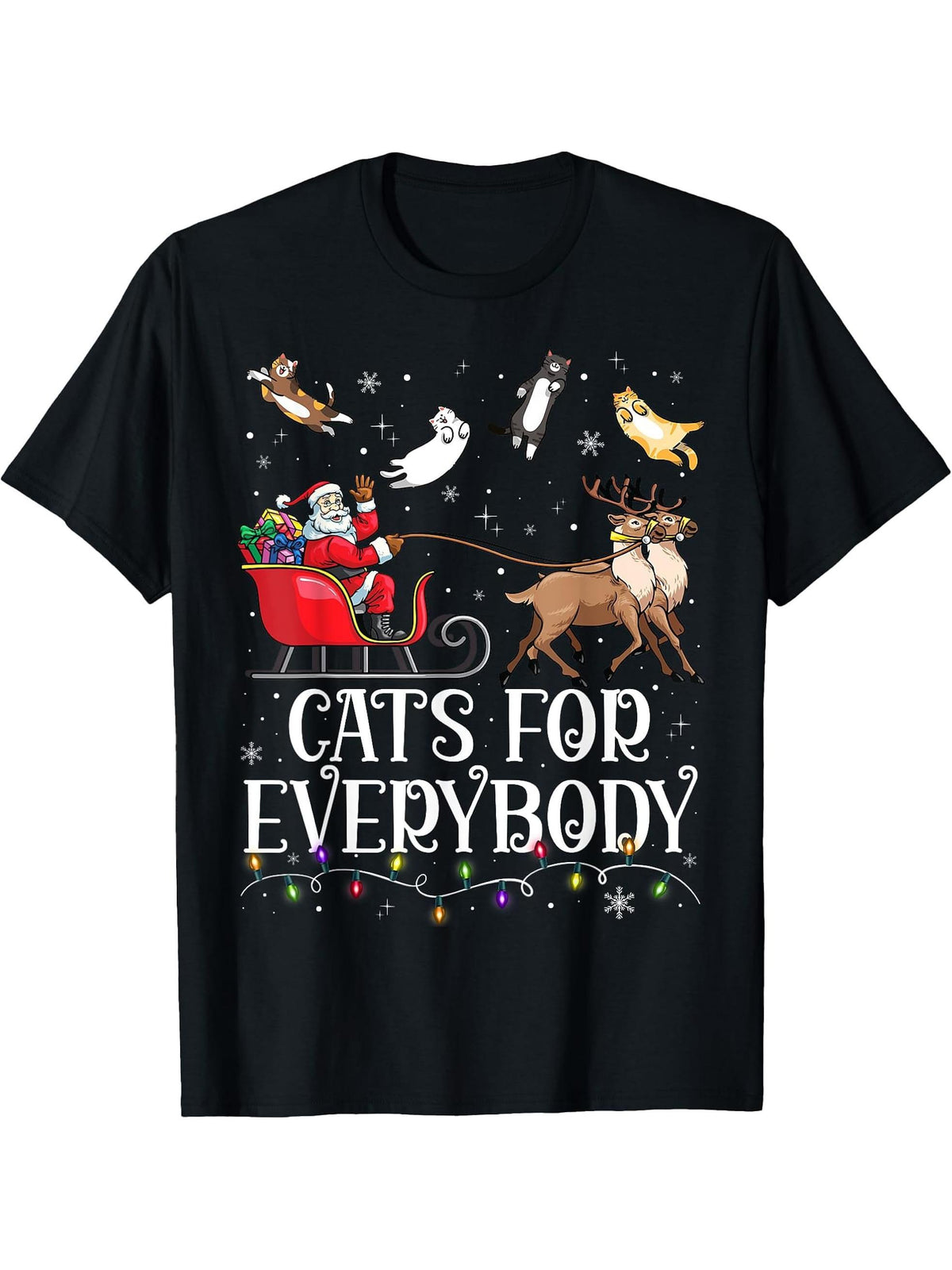 Cats For Everybody Christmas Cat Funny Xmas Men Women Santa T-Shirt 180G 100% Cotton Printed Round Neck Short-Sleeve T-Shirt, Gifts for Men Dad Husband Grandpa, S-XXXL, Black
