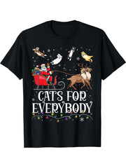 Cats For Everybody Christmas Cat Funny Xmas Men Women Santa T-Shirt 180G 100% Cotton Printed Round Neck Short-Sleeve T-Shirt, Gifts for Men Dad Husband Grandpa, S-XXXL, Black