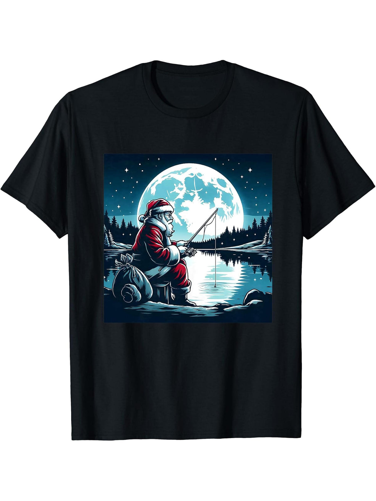 Santa Fishing Christmas Xmas Fisherman Fisher Moon Fishing T-Shirt 180G 100% Cotton Printed Round Neck Short-Sleeve T-Shirt, Gifts for Men Dad Husband Grandpa, S-XXXL, Black