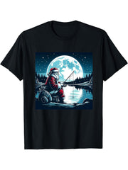 Santa Fishing Christmas Xmas Fisherman Fisher Moon Fishing T-Shirt 180G 100% Cotton Printed Round Neck Short-Sleeve T-Shirt, Gifts for Men Dad Husband Grandpa, S-XXXL, Black