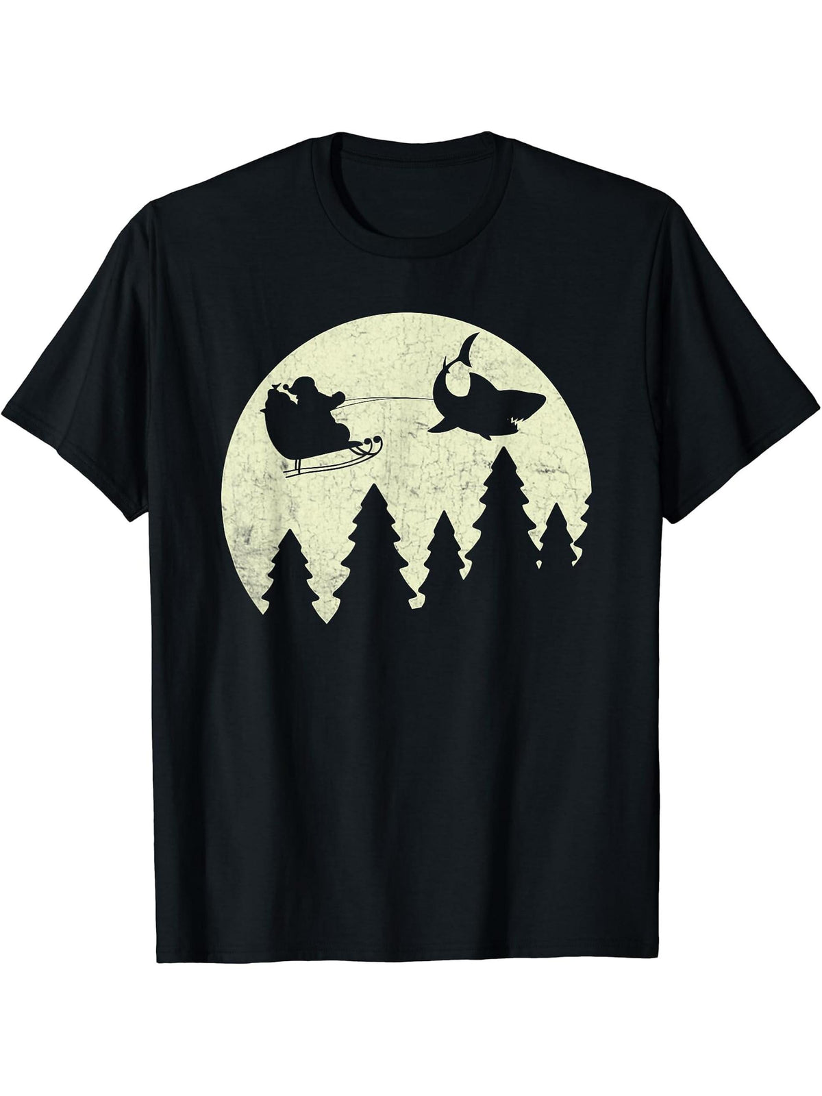 Santa Claus Shark Sleigh Christmas Funny T-Shirt 180G 100% Cotton Printed Round Neck Short-Sleeve T-Shirt, Gifts for Men Dad Husband Grandpa, S-XXXL, Black
