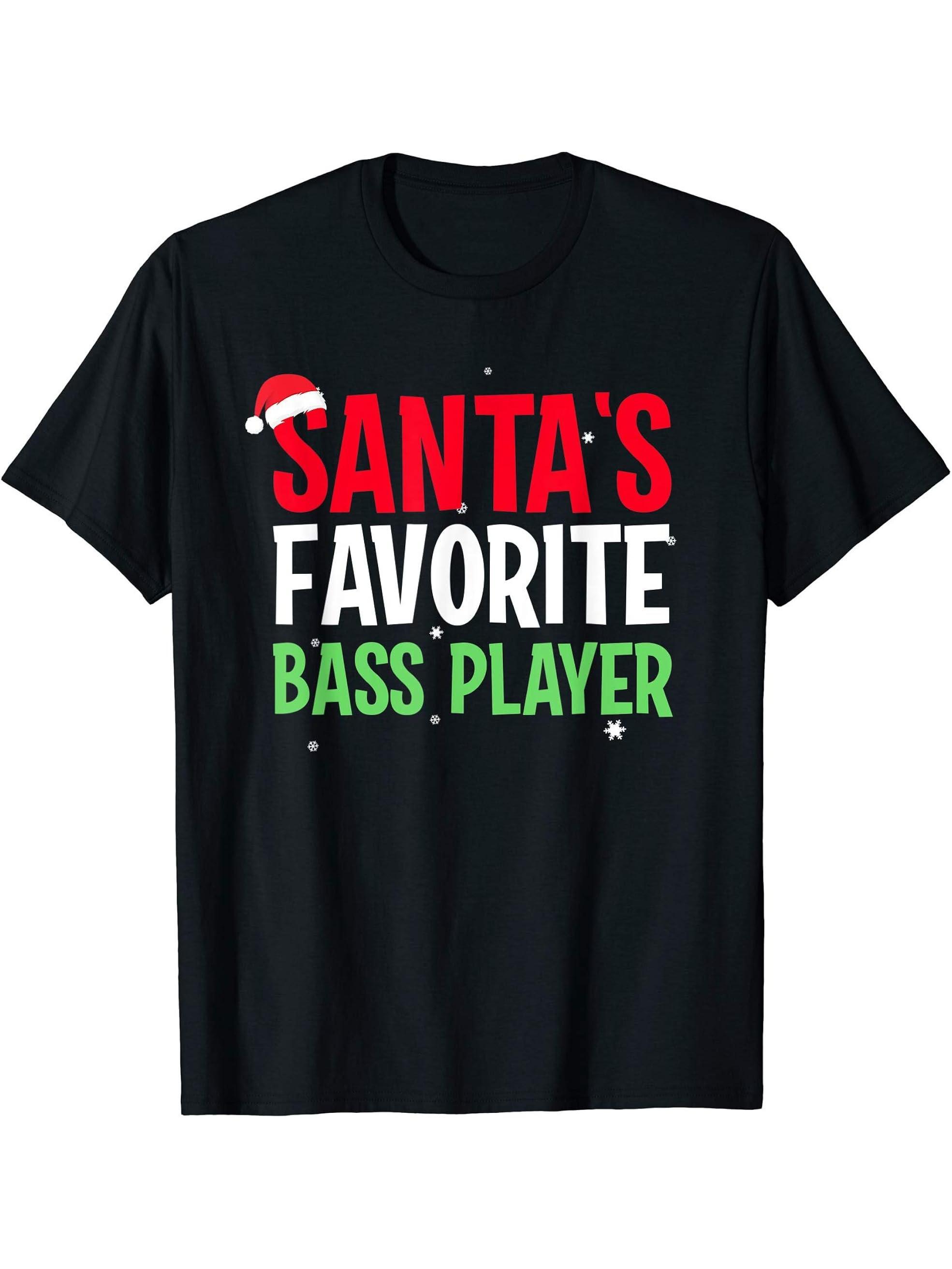 Santa's Favorite Bass Player Funny Christmas Gift T-Shirt 180G 100% Cotton Printed Round Neck Short-Sleeve T-Shirt, Gifts for Men Dad Husband Grandpa, S-XXXL, Black