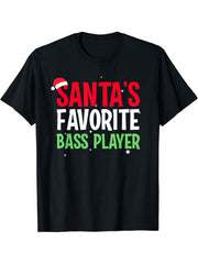 Santa's Favorite Bass Player Funny Christmas Gift T-Shirt 180G 100% Cotton Printed Round Neck Short-Sleeve T-Shirt, Gifts for Men Dad Husband Grandpa, S-XXXL, Black