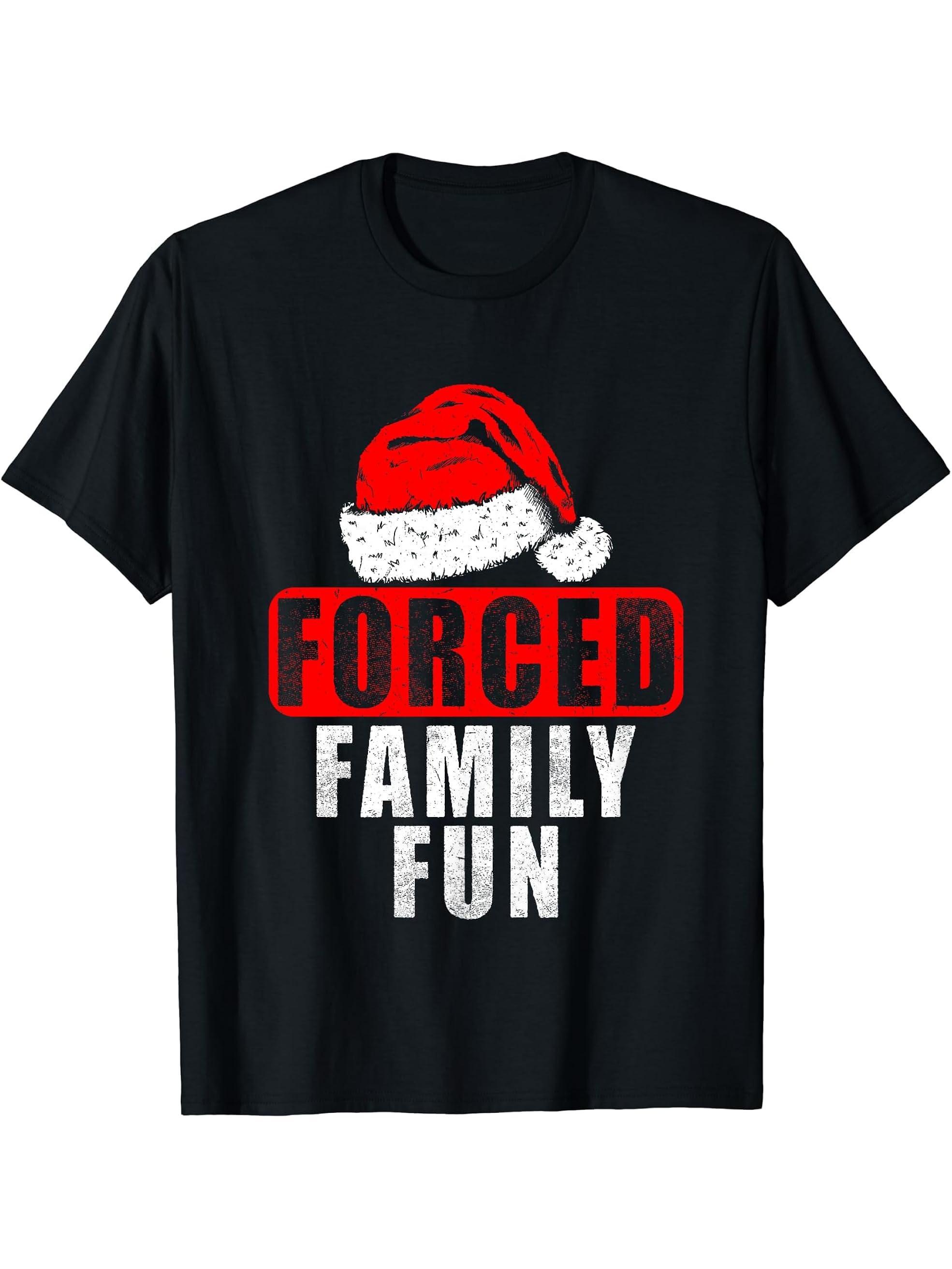Santa Hat Funny Forced Family Fun Christmas Holiday Matching T-Shirt 180G 100% Cotton Printed Round Neck Short-Sleeve T-Shirt, Gifts for Men Dad Husband Grandpa, S-XXXL, Black