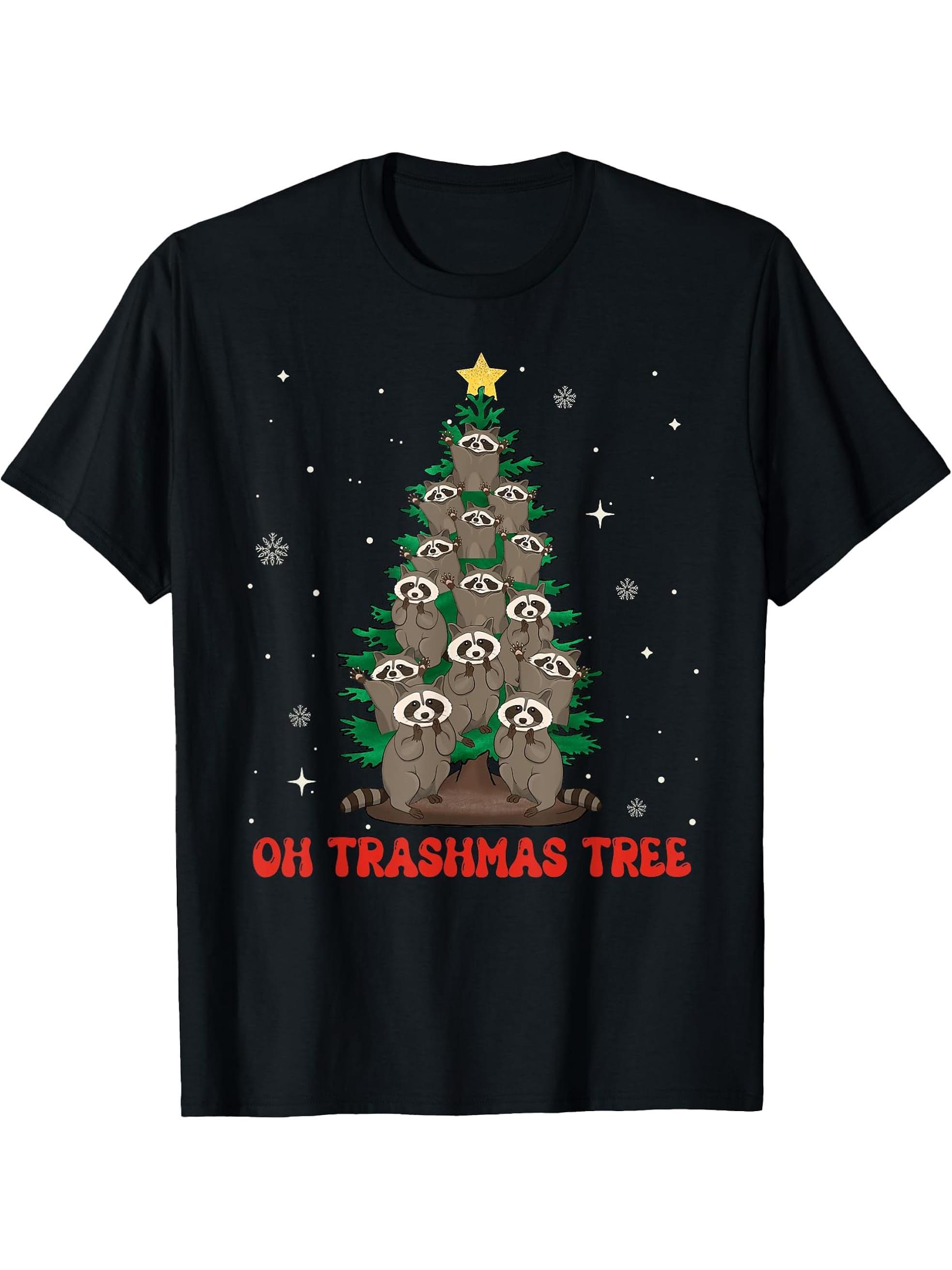 Oh Trashmas Tree Santa Raccoon Christmas Tree Racoon Lover T-Shirt 180G 100% Cotton Printed Round Neck Short-Sleeve T-Shirt, Gifts for Men Dad Husband Grandpa, S-XXXL, Black