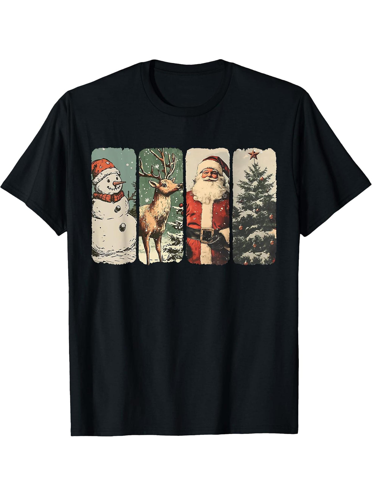 Vintage Christmas Santa Claus Snowman Reindeer Retro Xmas T-Shirt 180G 100% Cotton Printed Round Neck Short-Sleeve T-Shirt, Gifts for Men Dad Husband Grandpa, S-XXXL, Black