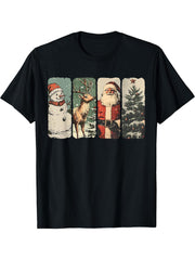 Vintage Christmas Santa Claus Snowman Reindeer Retro Xmas T-Shirt 180G 100% Cotton Printed Round Neck Short-Sleeve T-Shirt, Gifts for Men Dad Husband Grandpa, S-XXXL, Black