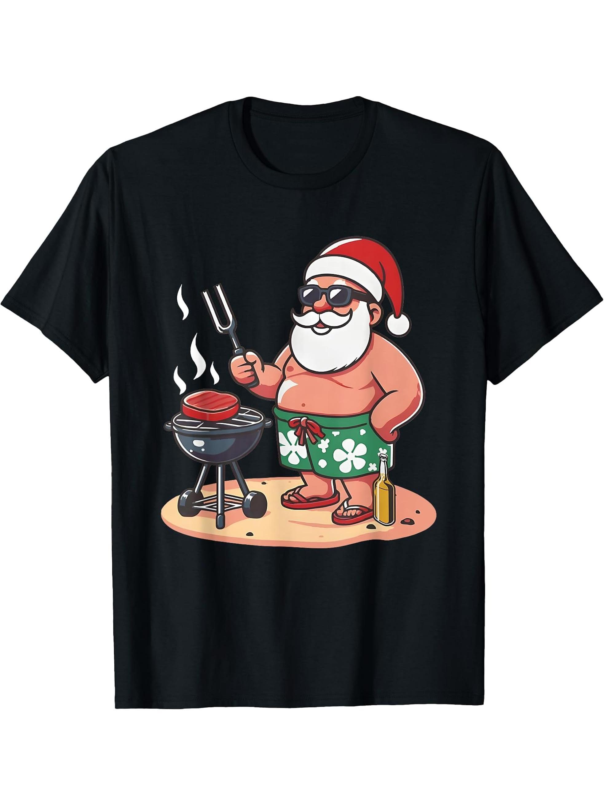 Christmas In July Funny Santa Santa Grilling BBQ T-Shirt 180G 100% Cotton Printed Round Neck Short-Sleeve T-Shirt, Gifts for Men Dad Husband Grandpa, S-XXXL, Black