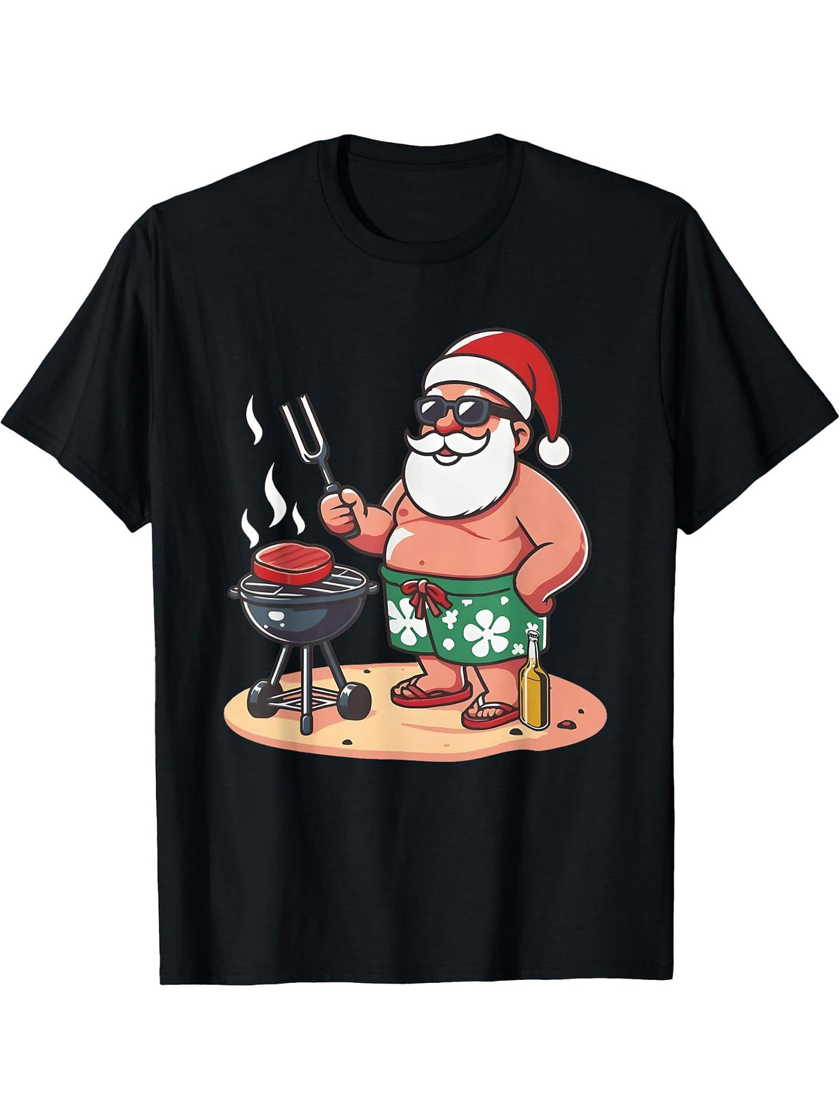 Christmas In July Funny Santa Santa Grilling BBQ T-Shirt 180G 100% Cotton Printed Round Neck Short-Sleeve T-Shirt, Gifts for Men Dad Husband Grandpa, S-XXXL, Black