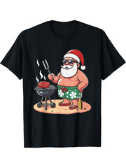 Christmas In July Funny Santa Santa Grilling BBQ T-Shirt 180G 100% Cotton Printed Round Neck Short-Sleeve T-Shirt, Gifts for Men Dad Husband Grandpa, S-XXXL, Black