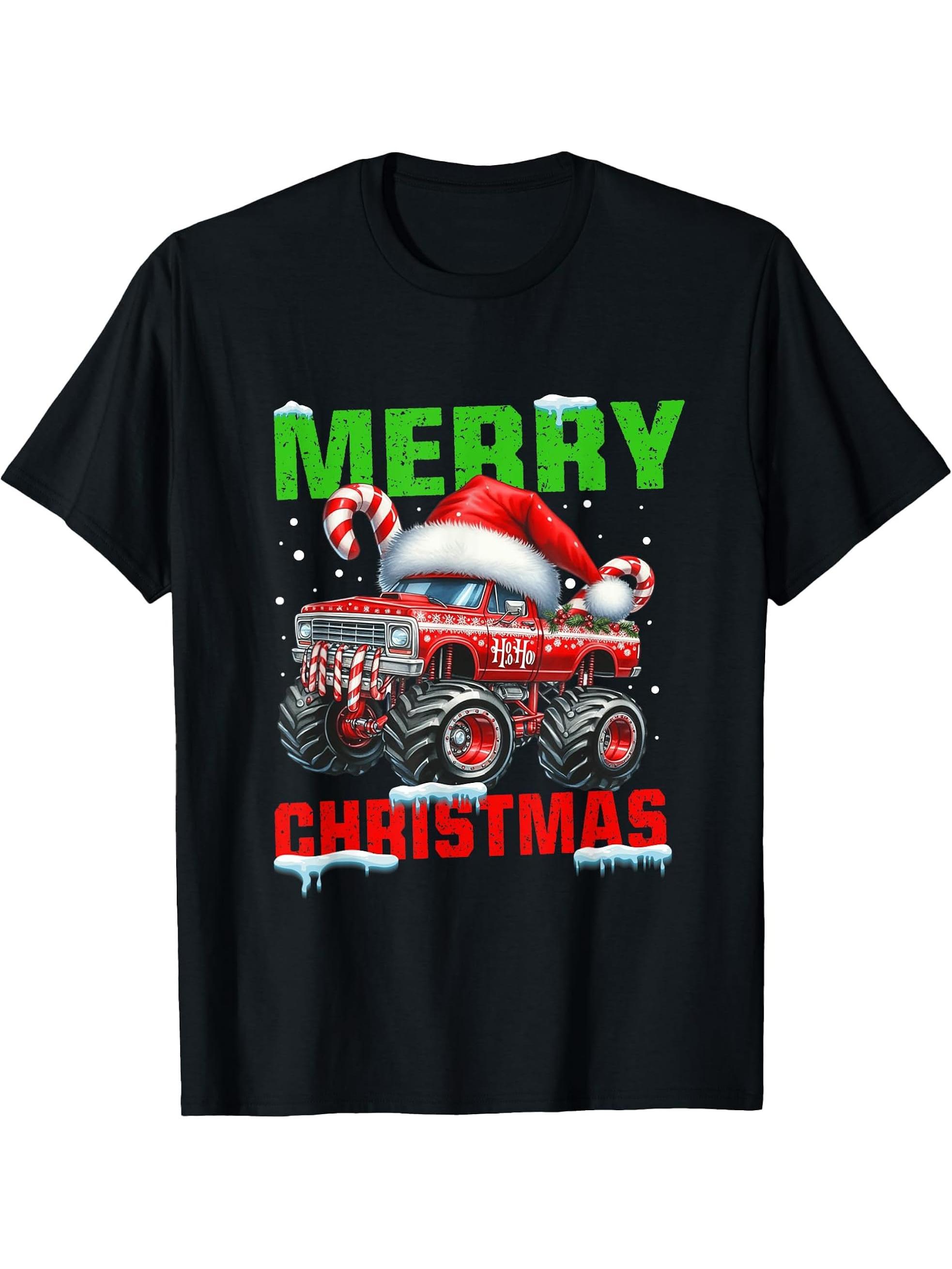Merry Christmas Monster Truck Funny Xmas Santa Hat Boys Boy Girl T-Shirt 180G 100% Cotton Printed Round Neck Short-Sleeve T-Shirt, Gifts for Men Dad Husband Grandpa, S-XXXL, Black