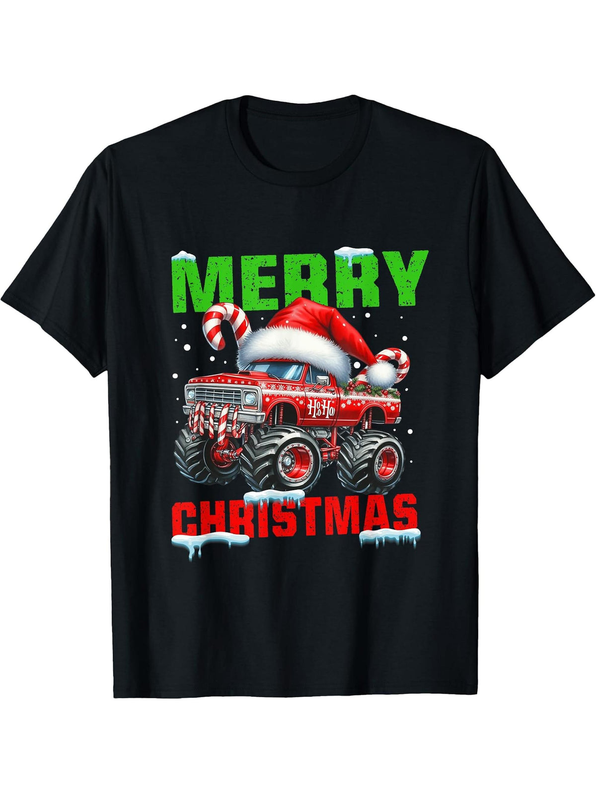 Merry Christmas Monster Truck Funny Xmas Santa Hat Boys Boy Girl T-Shirt 180G 100% Cotton Printed Round Neck Short-Sleeve T-Shirt, Gifts for Men Dad Husband Grandpa, S-XXXL, Black