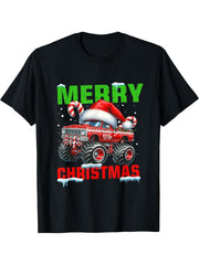Merry Christmas Monster Truck Funny Xmas Santa Hat Boys Boy Girl T-Shirt 180G 100% Cotton Printed Round Neck Short-Sleeve T-Shirt, Gifts for Men Dad Husband Grandpa, S-XXXL, Black