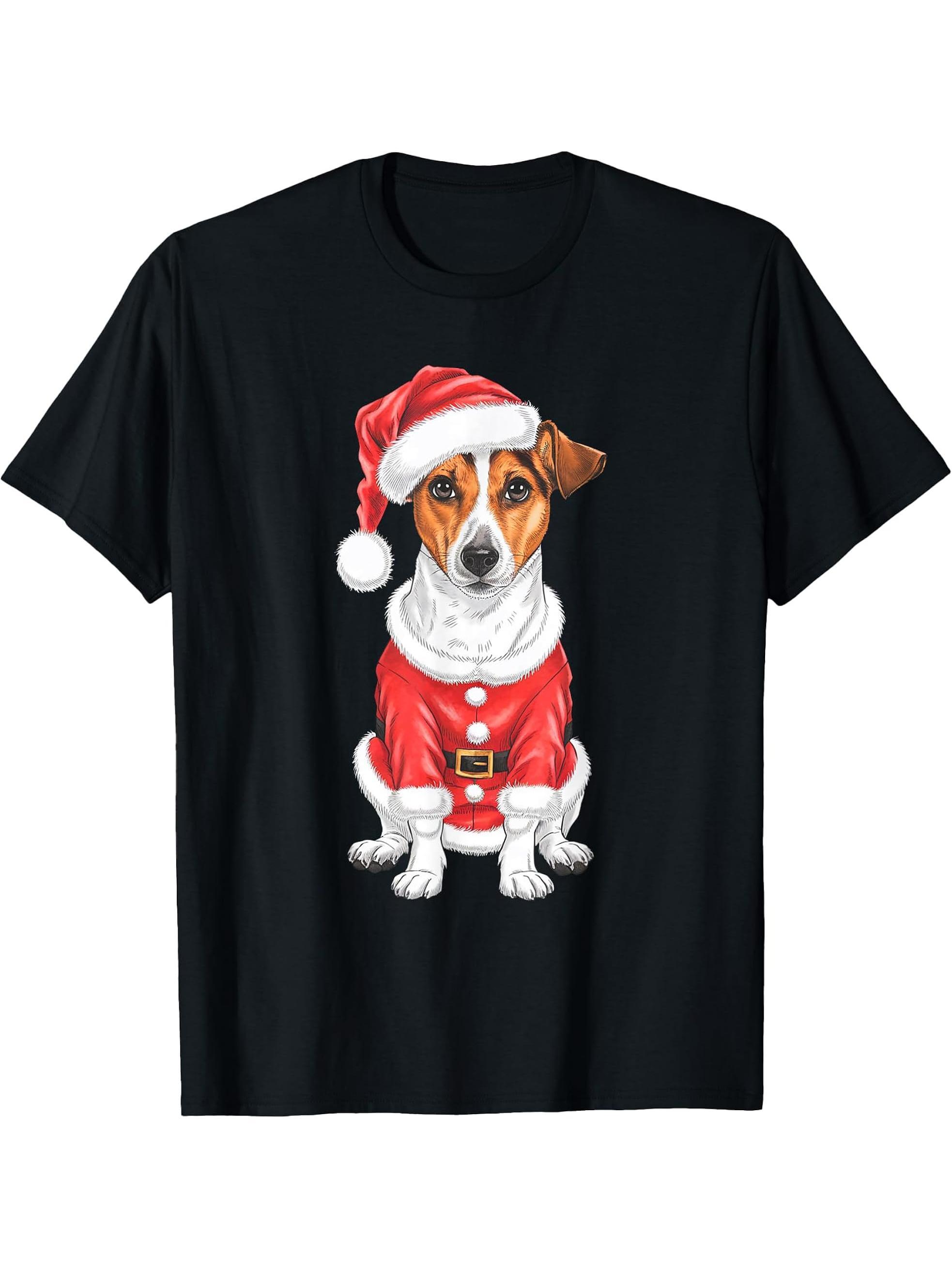 Jack Russell Terrier Santa Dog Christmas T-Shirt 180G 100% Cotton Printed Round Neck Short-Sleeve T-Shirt, Gifts for Men Dad Husband Grandpa, S-XXXL, Black