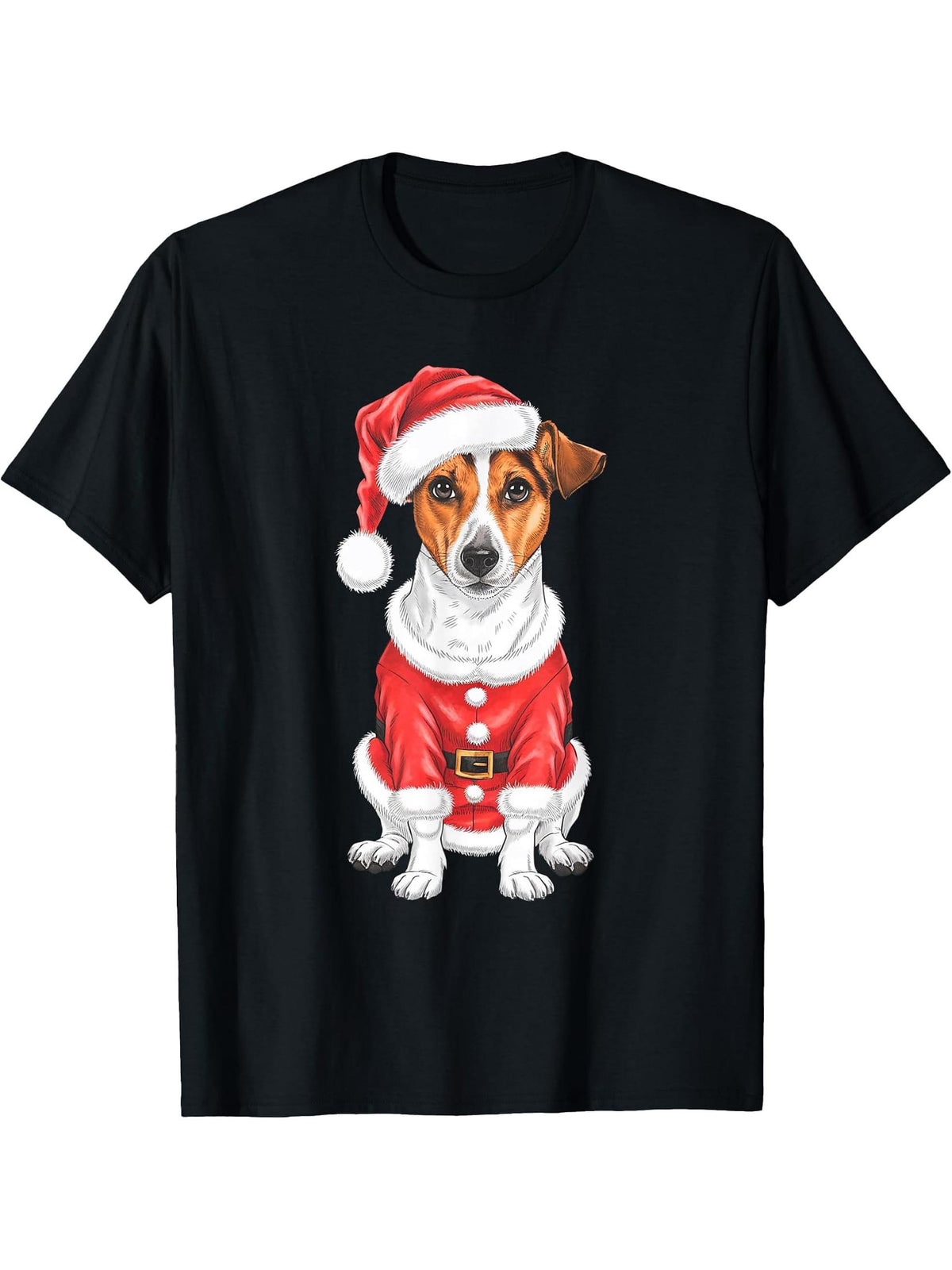 Jack Russell Terrier Santa Dog Christmas T-Shirt 180G 100% Cotton Printed Round Neck Short-Sleeve T-Shirt, Gifts for Men Dad Husband Grandpa, S-XXXL, Black