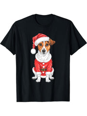 Jack Russell Terrier Santa Dog Christmas T-Shirt 180G 100% Cotton Printed Round Neck Short-Sleeve T-Shirt, Gifts for Men Dad Husband Grandpa, S-XXXL, Black