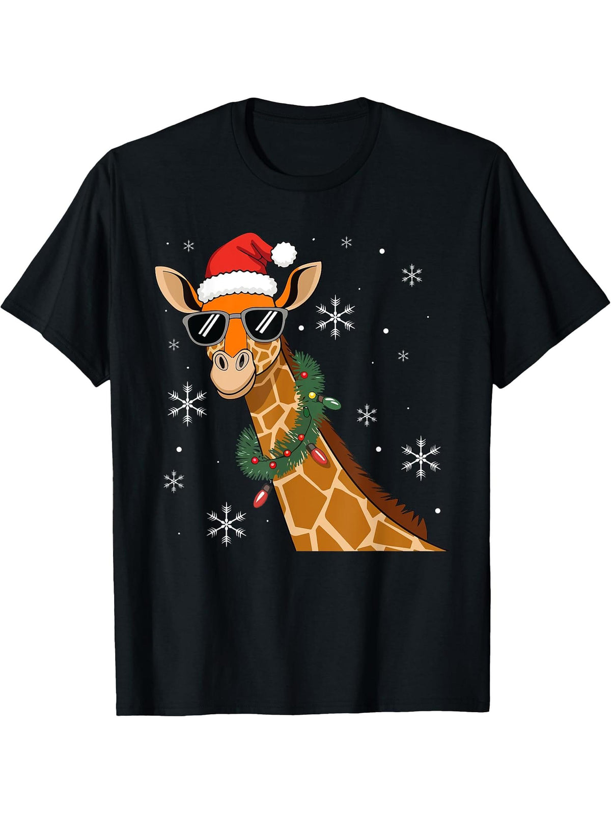 Funny Christmas Giraffe Santa Hat Giraffe Lover Xmas T-Shirt 180G 100% Cotton Printed Round Neck Short-Sleeve T-Shirt, Gifts for Men Dad Husband Grandpa, S-XXXL, Black