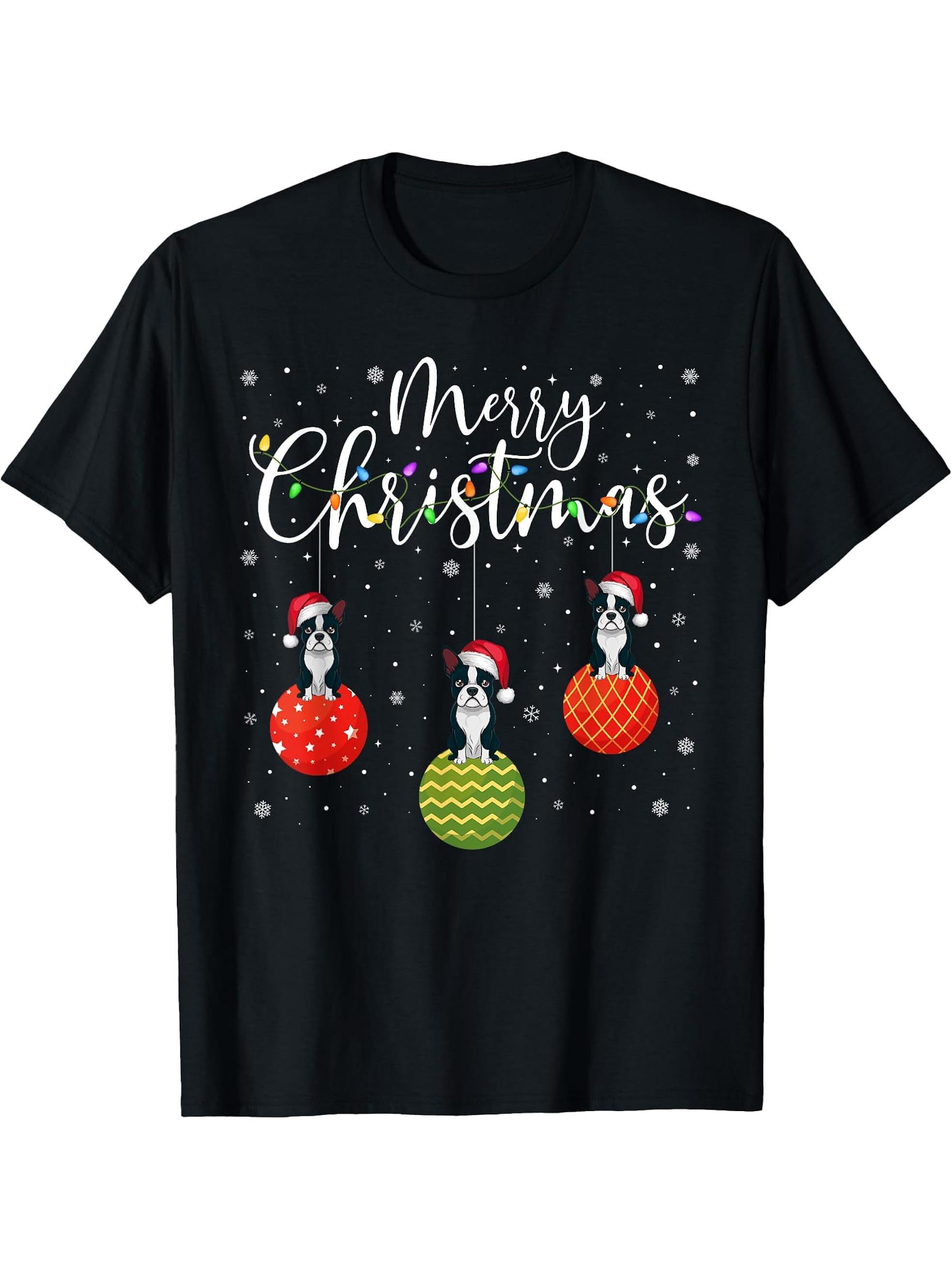 Merry Christmas Lights Santa Hat Boston Terrier Ugly Xmas T-Shirt 180G 100% Cotton Printed Round Neck Short-Sleeve T-Shirt, Gifts for Men Dad Husband Grandpa, S-XXXL, Black