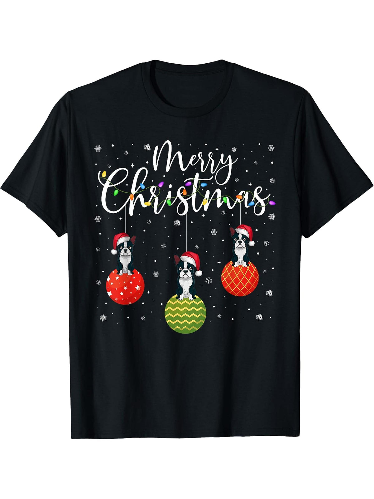 Merry Christmas Lights Santa Hat Boston Terrier Ugly Xmas T-Shirt 180G 100% Cotton Printed Round Neck Short-Sleeve T-Shirt, Gifts for Men Dad Husband Grandpa, S-XXXL, Black