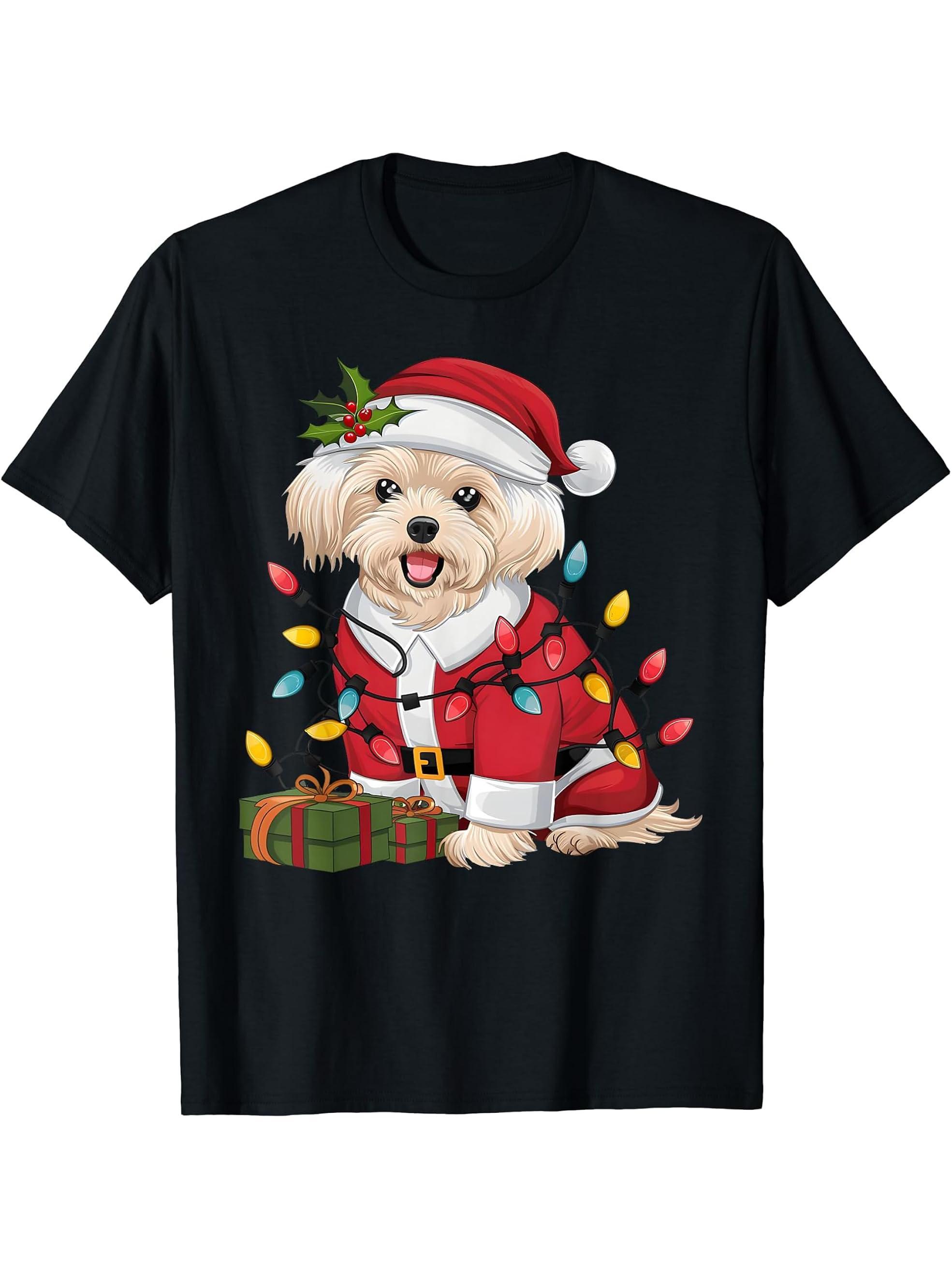 Maltese Xmas Lighting Santa Maltese Dog Christmas T-Shirt 180G 100% Cotton Printed Round Neck Short-Sleeve T-Shirt, Gifts for Men Dad Husband Grandpa, S-XXXL, Black