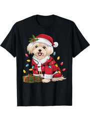 Maltese Xmas Lighting Santa Maltese Dog Christmas T-Shirt 180G 100% Cotton Printed Round Neck Short-Sleeve T-Shirt, Gifts for Men Dad Husband Grandpa, S-XXXL, Black
