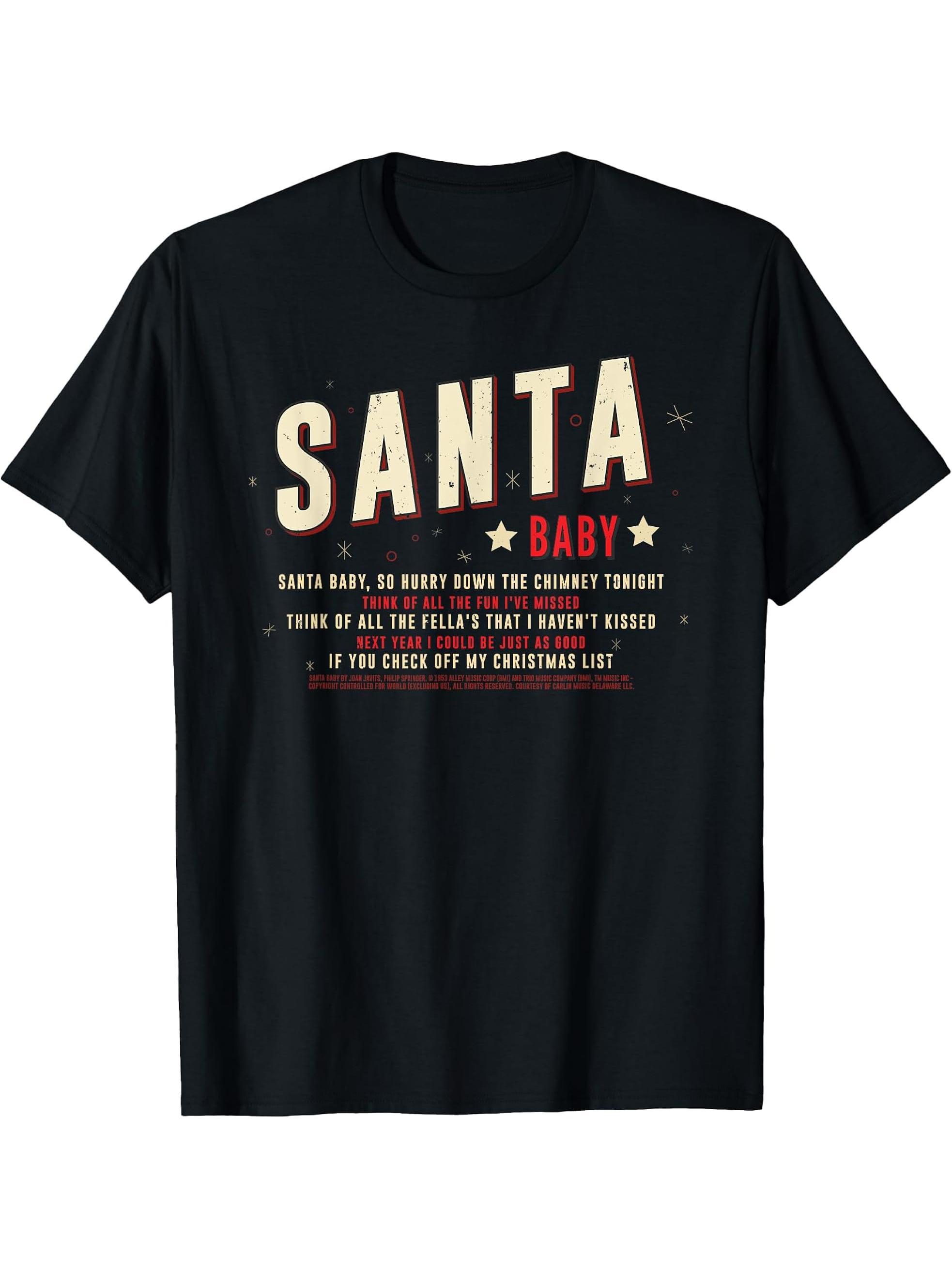 Santa Baby Christmas Song Lyrics Eartha Kitt T-Shirt 180G 100% Cotton Printed Round Neck Short-Sleeve T-Shirt, Gifts for Men Dad Husband Grandpa, S-XXXL, Black