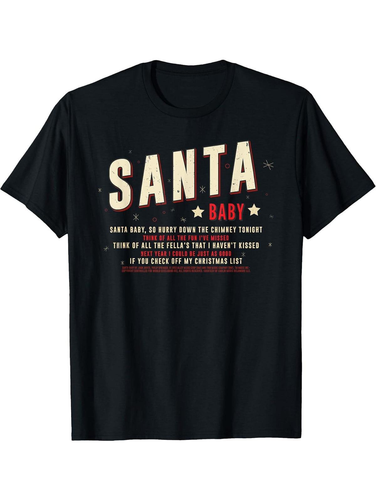 Santa Baby Christmas Song Lyrics Eartha Kitt T-Shirt 180G 100% Cotton Printed Round Neck Short-Sleeve T-Shirt, Gifts for Men Dad Husband Grandpa, S-XXXL, Black
