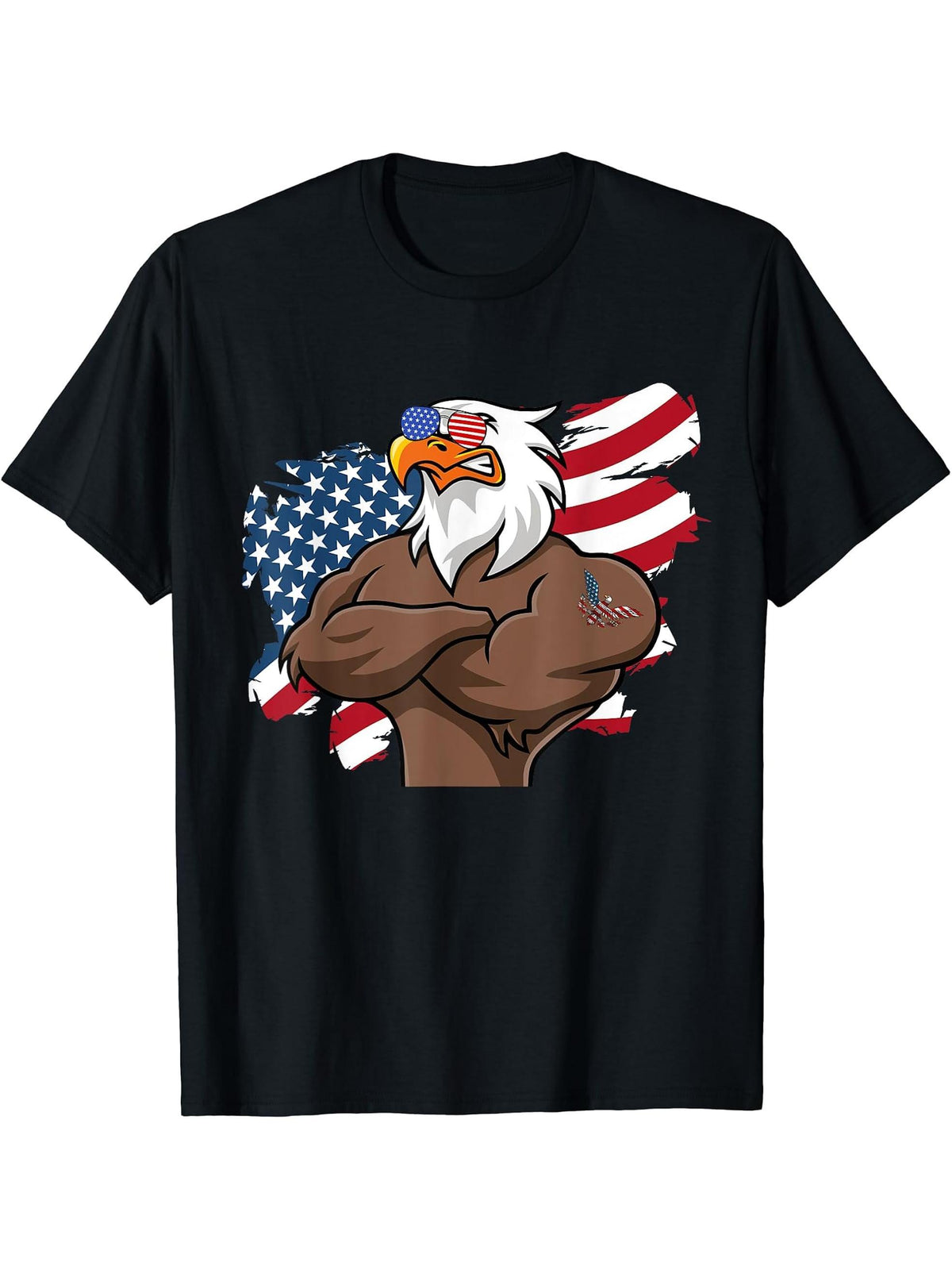 Bald Eagle Sunglasses Tattoo US Flag, Happy Fourth of July T-Shirt 180G 100% Cotton Printed Round Neck Short-Sleeve T-Shirt, Gifts for Men Dad Husband Grandpa, S-XXXL, Black