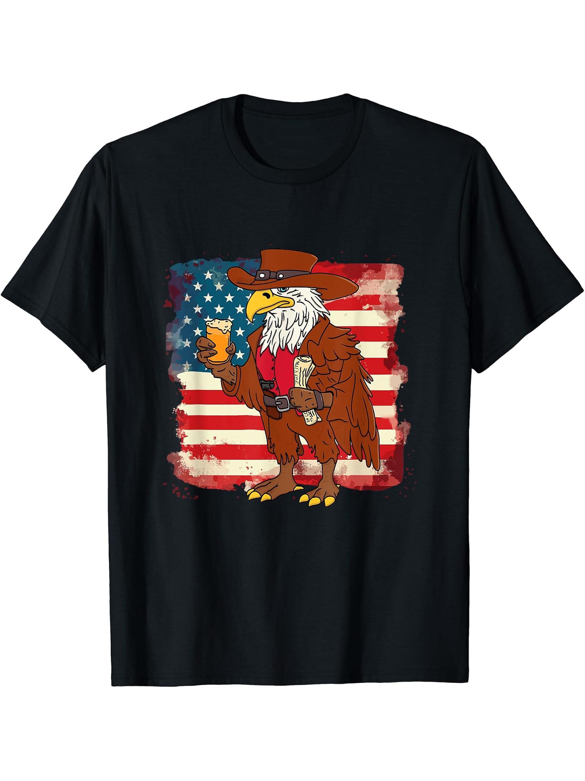 Bald Eagle Cowboy with Beer Independence US Flag 4th of July T-Shirt 180G 100% Cotton Printed Round Neck Short-Sleeve T-Shirt, Gifts for Men Dad Husband Grandpa, S-XXXL, Black