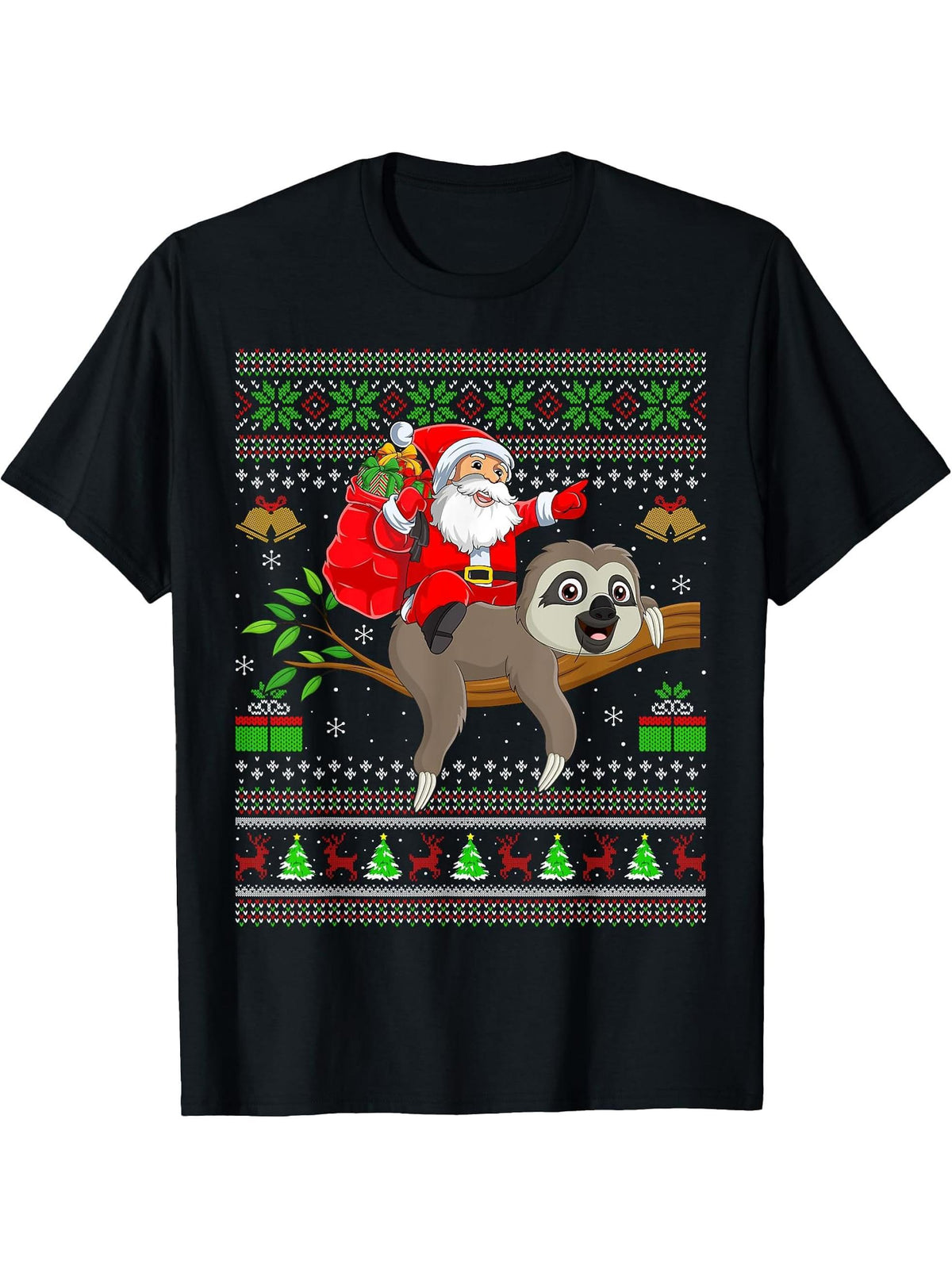 Ugly Xmas Sweater Funny Santa Riding Sloth Christmas T-Shirt 180G 100% Cotton Printed Round Neck Short-Sleeve T-Shirt, Gifts for Men Dad Husband Grandpa, S-XXXL, Black