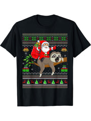 Ugly Xmas Sweater Funny Santa Riding Sloth Christmas T-Shirt 180G 100% Cotton Printed Round Neck Short-Sleeve T-Shirt, Gifts for Men Dad Husband Grandpa, S-XXXL, Black