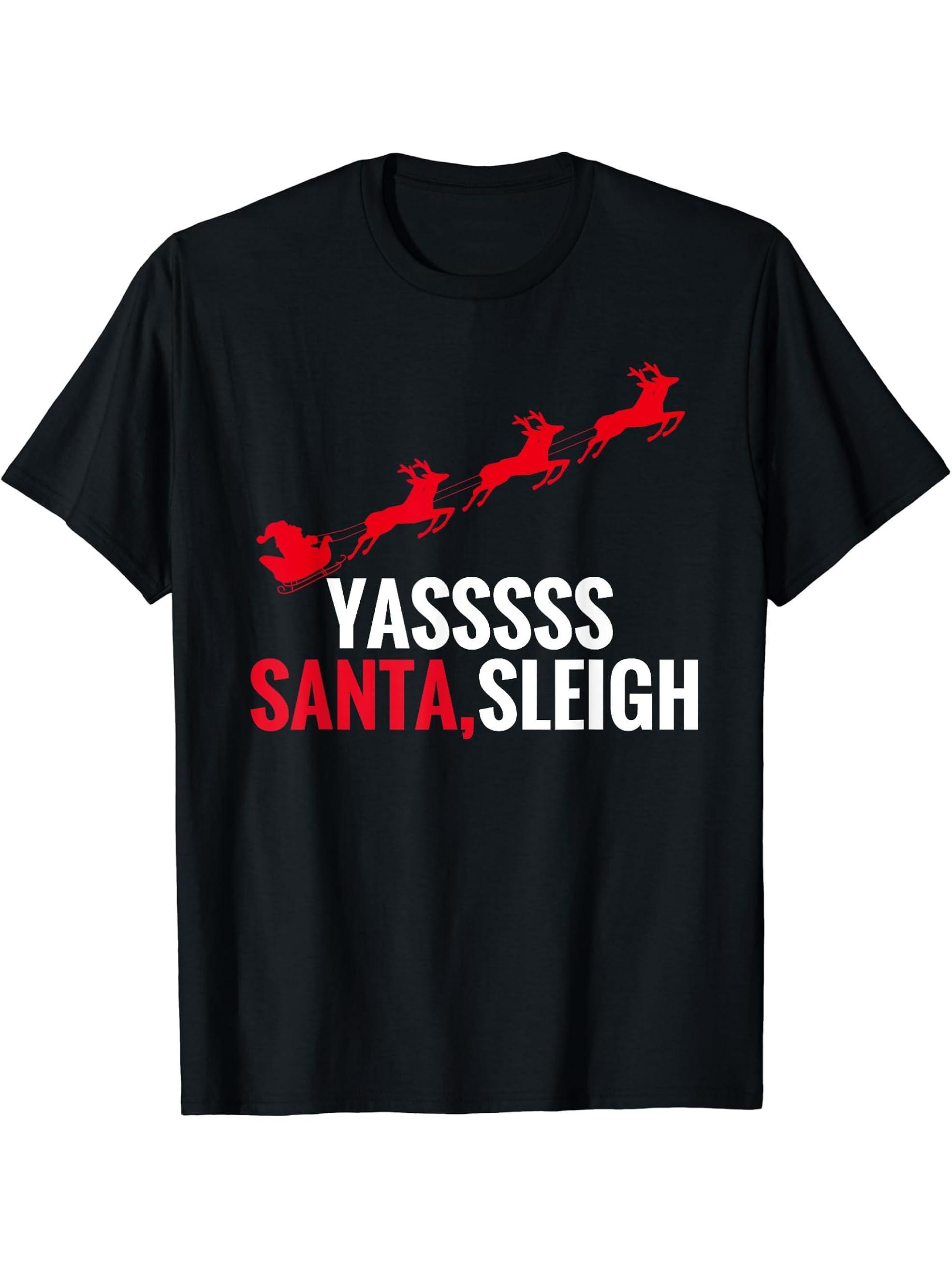 YAS SANTA SLEIGH T-SHIRT T-Shirt 180G 100% Cotton Printed Round Neck Short-Sleeve T-Shirt, Gifts for Men Dad Husband Grandpa, S-XXXL, Black