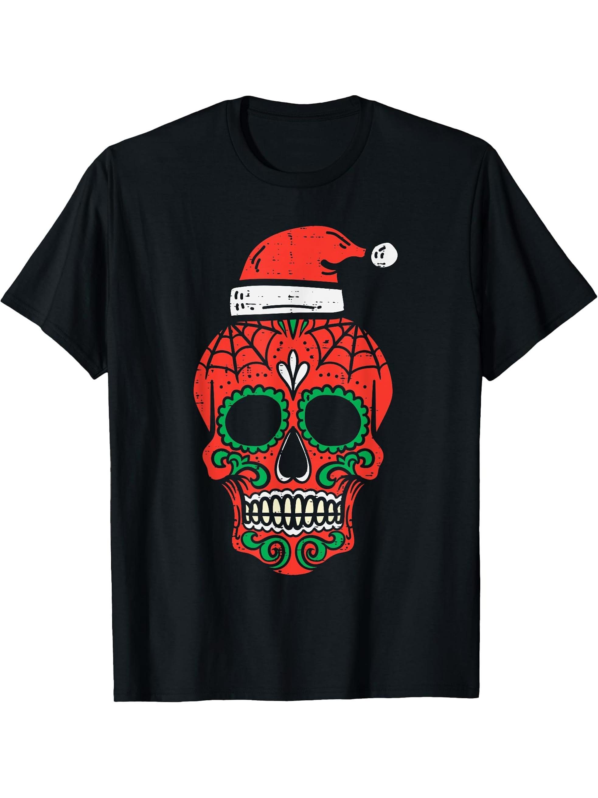 Sugar Skull Santa Hat Mexican Christmas Xmas Men Women PJ T-Shirt 180G 100% Cotton Printed Round Neck Short-Sleeve T-Shirt, Gifts for Men Dad Husband Grandpa, S-XXXL, Black