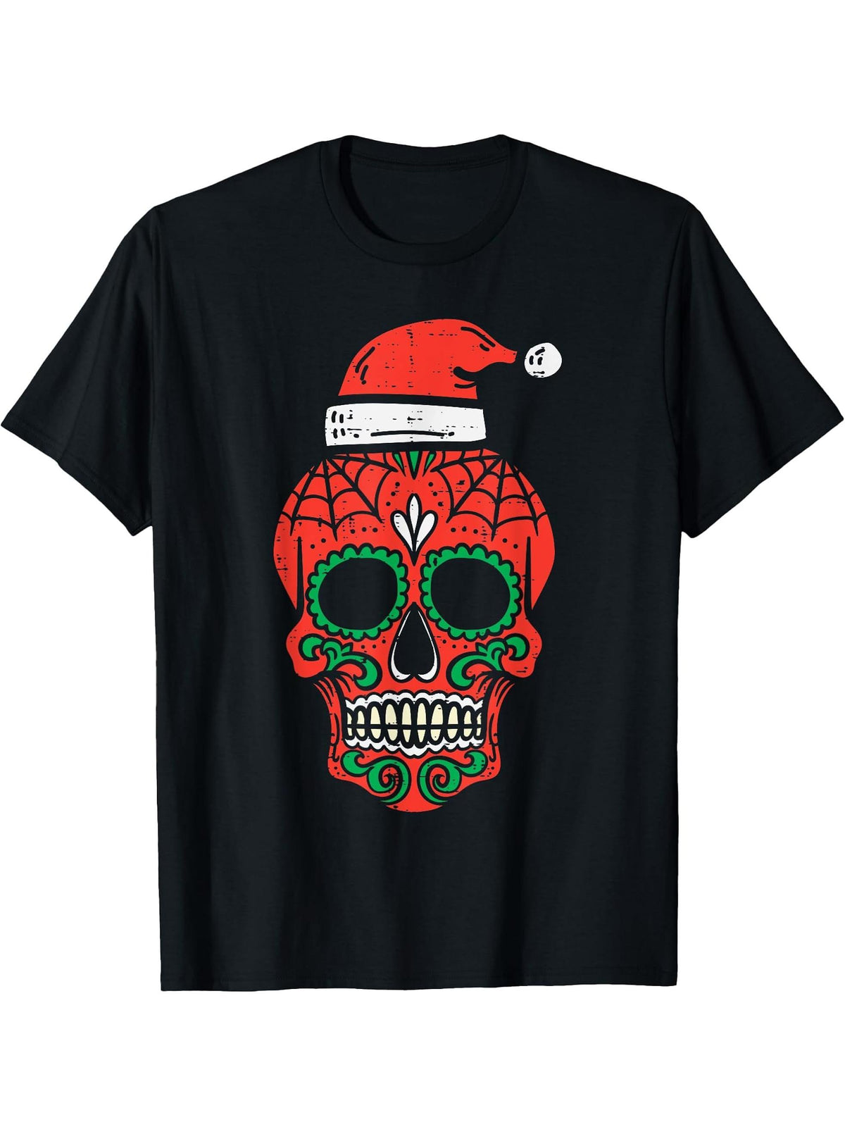 Sugar Skull Santa Hat Mexican Christmas Xmas Men Women PJ T-Shirt 180G 100% Cotton Printed Round Neck Short-Sleeve T-Shirt, Gifts for Men Dad Husband Grandpa, S-XXXL, Black