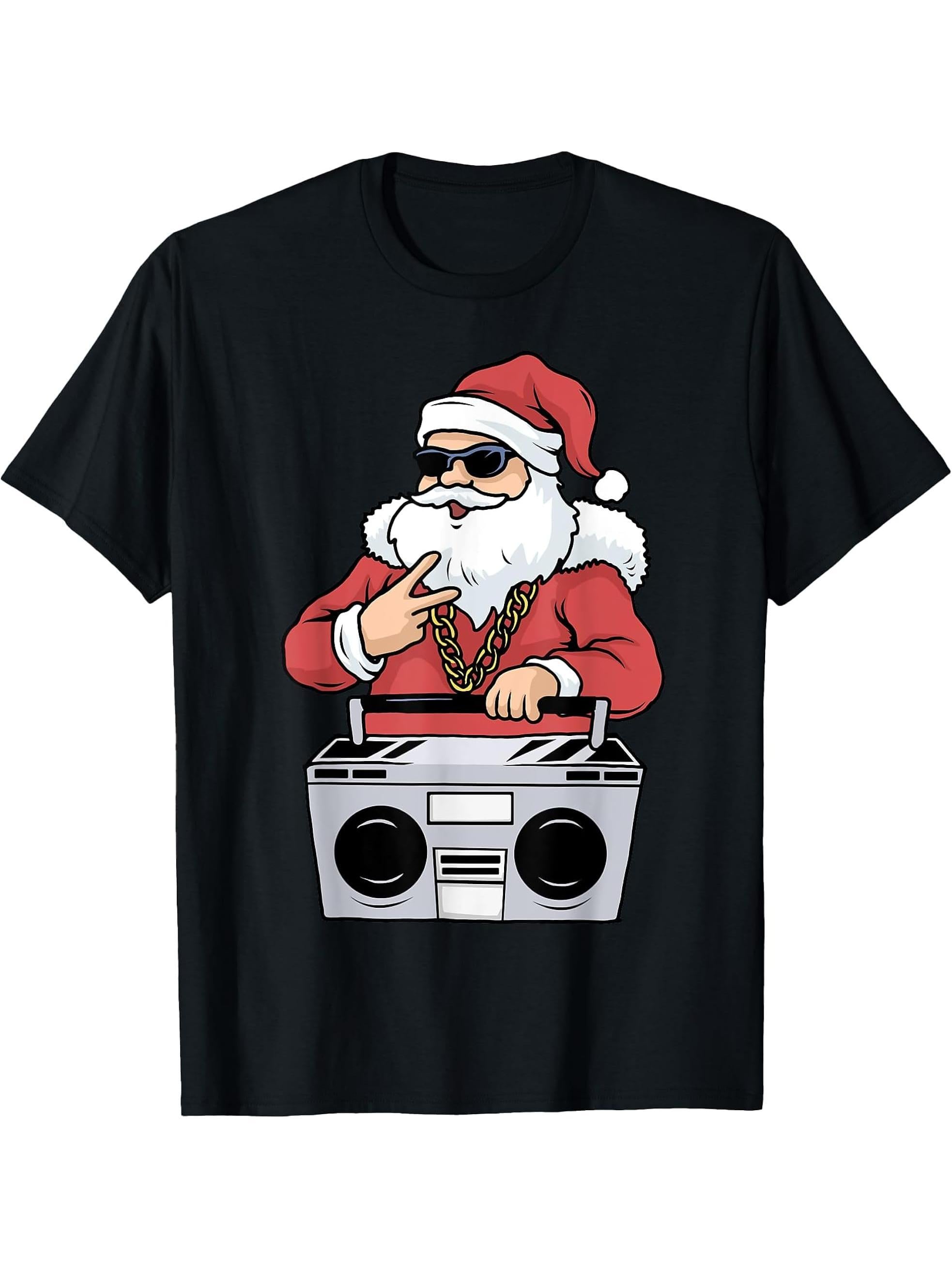 Hip Hop Santa Claus Tshirt Gangster Christmas Ghettoblaster T-Shirt 180G 100% Cotton Printed Round Neck Short-Sleeve T-Shirt, Gifts for Men Dad Husband Grandpa, S-XXXL, Black