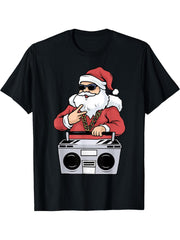 Hip Hop Santa Claus Tshirt Gangster Christmas Ghettoblaster T-Shirt 180G 100% Cotton Printed Round Neck Short-Sleeve T-Shirt, Gifts for Men Dad Husband Grandpa, S-XXXL, Black