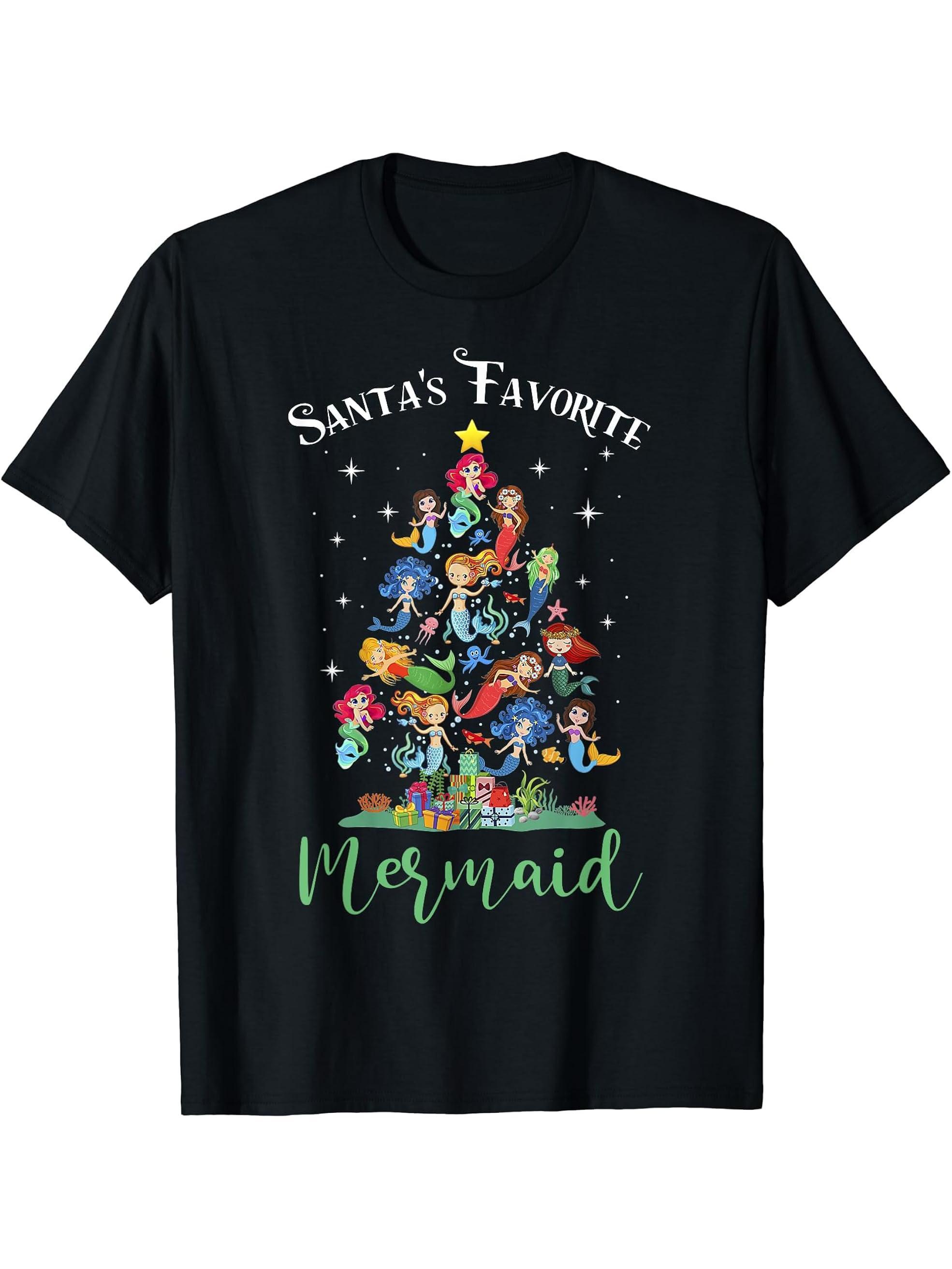 Santa's Favorite Mermaid Christmas Tree Matching Women Boy Girl T-Shirt 180G 100% Cotton Printed Round Neck Short-Sleeve T-Shirt, Gifts for Men Dad Husband Grandpa, S-XXXL, Black
