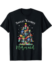 Santa's Favorite Mermaid Christmas Tree Matching Women Boy Girl T-Shirt 180G 100% Cotton Printed Round Neck Short-Sleeve T-Shirt, Gifts for Men Dad Husband Grandpa, S-XXXL, Black