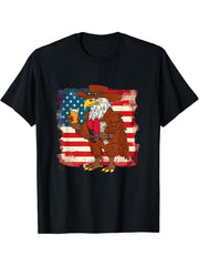 Bald Eagle Cowboy with Beer Independence US Flag 4th of July T-Shirt 180G 100% Cotton Printed Round Neck Short-Sleeve T-Shirt, Gifts for Men Dad Husband Grandpa, S-XXXL, Black