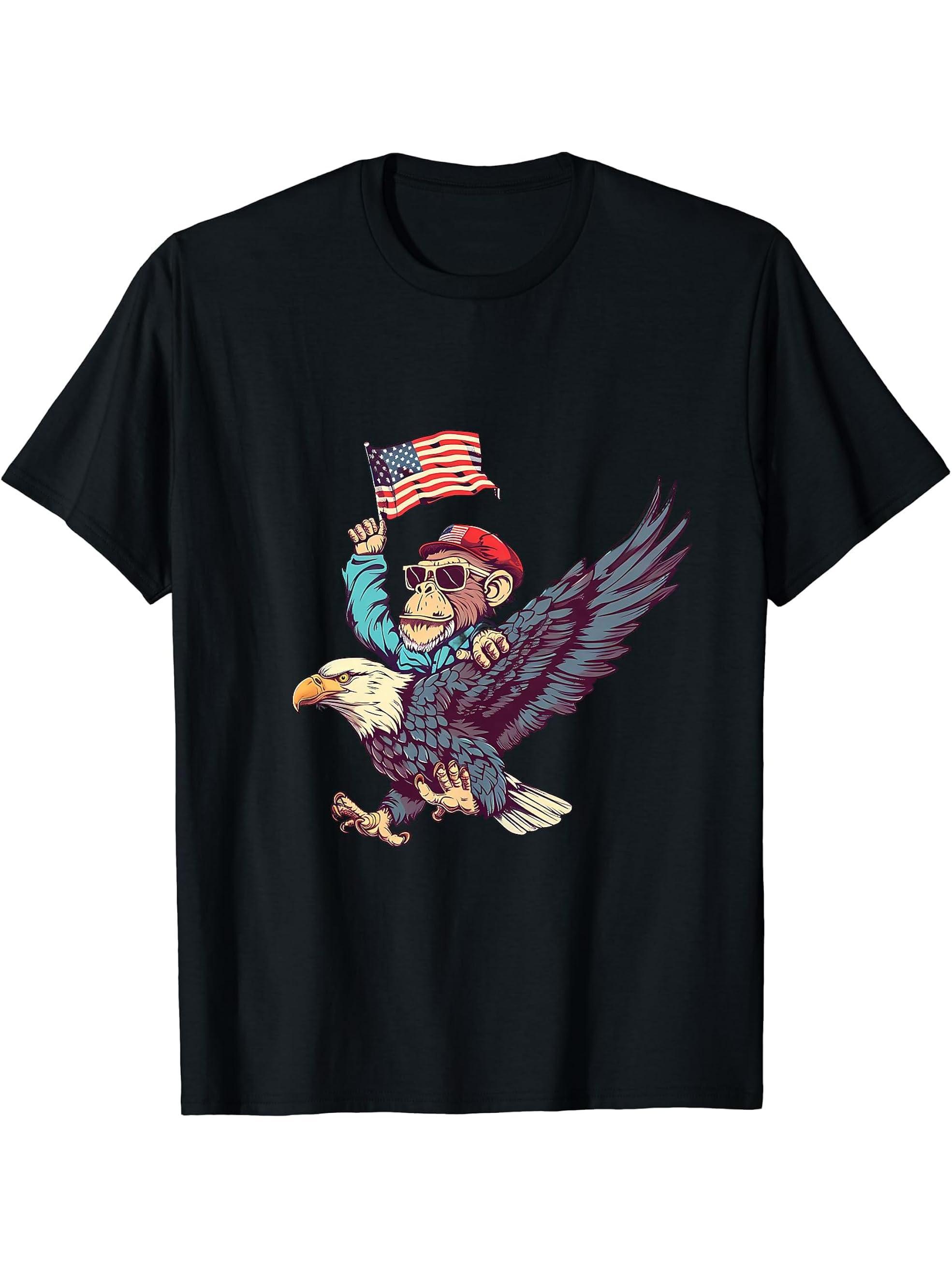 Funny Monkey Bald Eagle USA American Flag Fourth Of July T-Shirt 180G 100% Cotton Printed Round Neck Short-Sleeve T-Shirt, Gifts for Men Dad Husband Grandpa, S-XXXL, Black